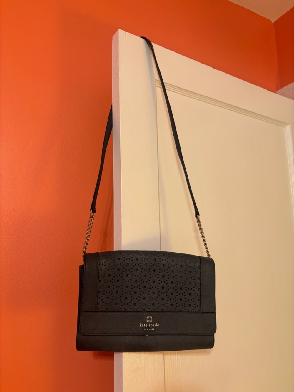 kate spade dark gray Perforated Leather Chain-Strap Crossbody